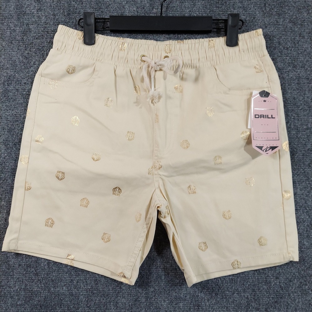 Drill Clothing Company Shorts Men Medium White Gold Tiger Head Foil Print NEW